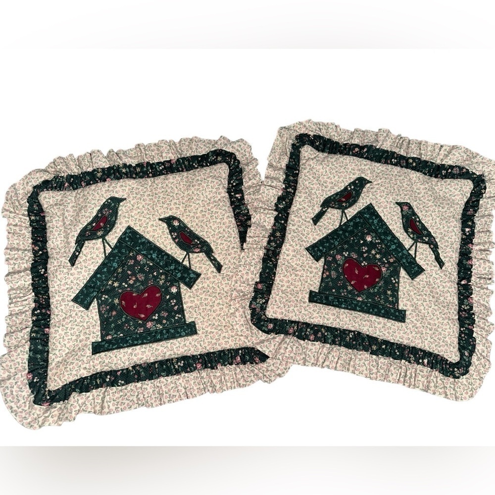 2 Vintage appliquéd pillows birdhouse birds cottage core